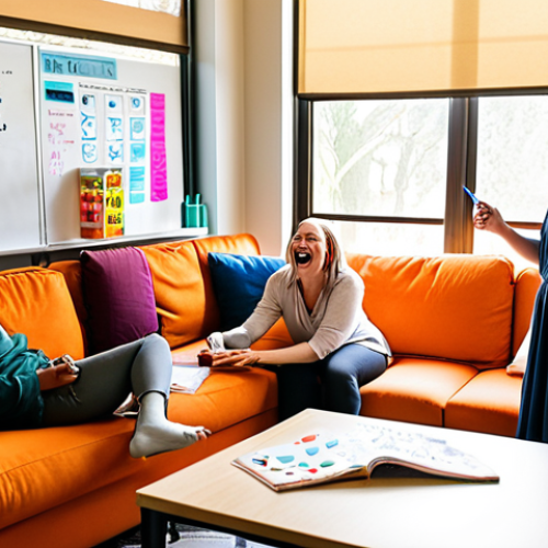 **

A diverse group of teachers are laughing and collaborating in a brightly lit lounge area. Some are gathered around a table covered in lesson plans and colorful markers, while others are relaxing on comfortable couches with cups of coffee. Sunlight streams through a large window, illuminating a whiteboard covered in inspirational quotes and drawings. The overall mood is supportive, joyful, and collaborative. Focus on the warmth and connection between the teachers.

**