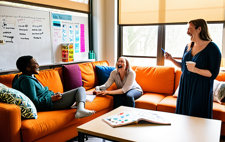 **
A diverse group of teachers are laughing and collaborating in a brightly lit lounge area. Some are gathered around a table covered in lesson plans and colorful markers, while others are relaxing on comfortable couches with cups of coffee. Sunlight streams through a large window, illuminating a whiteboard covered in inspirational quotes and drawings. The overall mood is supportive, joyful, and collaborative. Focus on the warmth and connection between the teachers.
**