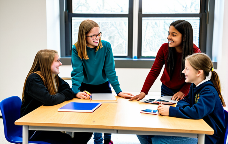 A diverse group of middle school students, fully clothed in modest, school-appropriate attire, actively collaborating around a large table in a bright, modern school maker-space. They are engaged in a hands-on interdisciplinary project, using various educational materials and technology. Students are discussing, pointing, and sharing ideas with genuine engagement. This image promotes a professional, family-friendly atmosphere of collaborative learning. safe for work, appropriate content, perfect anatomy, correct proportions, natural pose, well-formed hands, proper finger count, natural body proportions, professional photography, high quality.