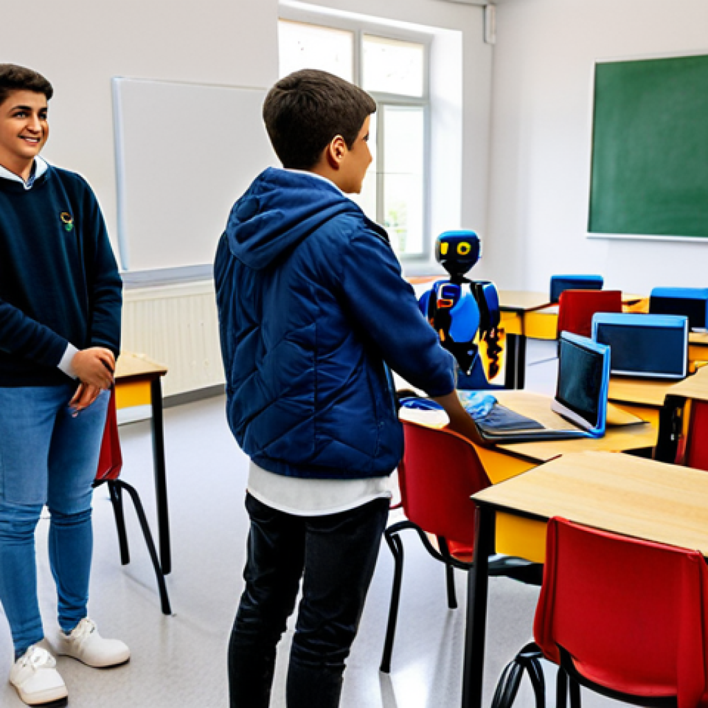 **

"A bright and cheerful classroom in a modern Portuguese secondary school, fully equipped with computers and educational robots. Several fully clothed students in appropriate attire are collaborating on a robotics project, guided by a professional teacher. The atmosphere is engaging and positive, with learning visible on the students' faces. Safe for work, appropriate content, family-friendly, professional photography, perfect anatomy, correct proportions, natural pose."

**