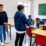**

"A bright and cheerful classroom in a modern Portuguese secondary school, fully equipped with computers and educational robots. Several fully clothed students in appropriate attire are collaborating on a robotics project, guided by a professional teacher. The atmosphere is engaging and positive, with learning visible on the students' faces. Safe for work, appropriate content, family-friendly, professional photography, perfect anatomy, correct proportions, natural pose."

**