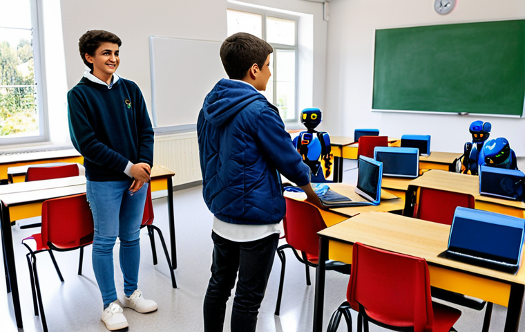 **
"A bright and cheerful classroom in a modern Portuguese secondary school, fully equipped with computers and educational robots. Several fully clothed students in appropriate attire are collaborating on a robotics project, guided by a professional teacher. The atmosphere is engaging and positive, with learning visible on the students' faces. Safe for work, appropriate content, family-friendly, professional photography, perfect anatomy, correct proportions, natural pose."
**