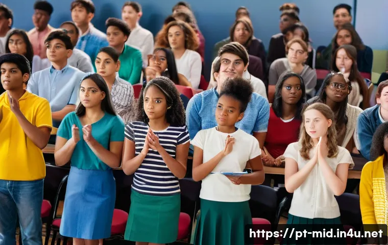 중학교 토론 수업 - **Prompt for Communication and Persuasion:**
"A vibrant scene inside a modern school auditorium,...