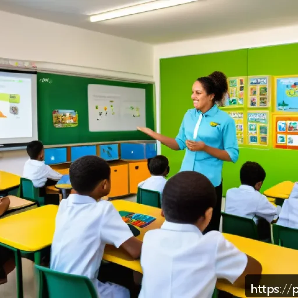 중학교 교육 트렌드 - A vibrant Brazilian elementary classroom scene featuring diverse young students wearing school unifo...