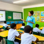 중학교 교육 트렌드 - A vibrant Brazilian elementary classroom scene featuring diverse young students wearing school unifo...