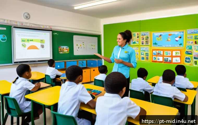 중학교 교육 트렌드 - A vibrant Brazilian elementary classroom scene featuring diverse young students wearing school unifo...