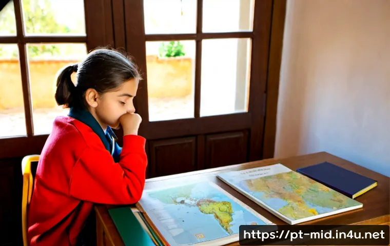 Home 17 중학교 사회 과목 학습법 - Photorealistic middle school student in Portugal studying social studies at a tidy wooden desk, open...