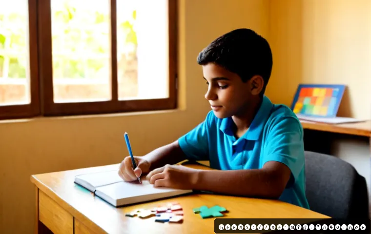 중학교 학습 동기 부여 - Photorealistic Brazilian middle school student at a tidy home study desk, confidently solving a colo...